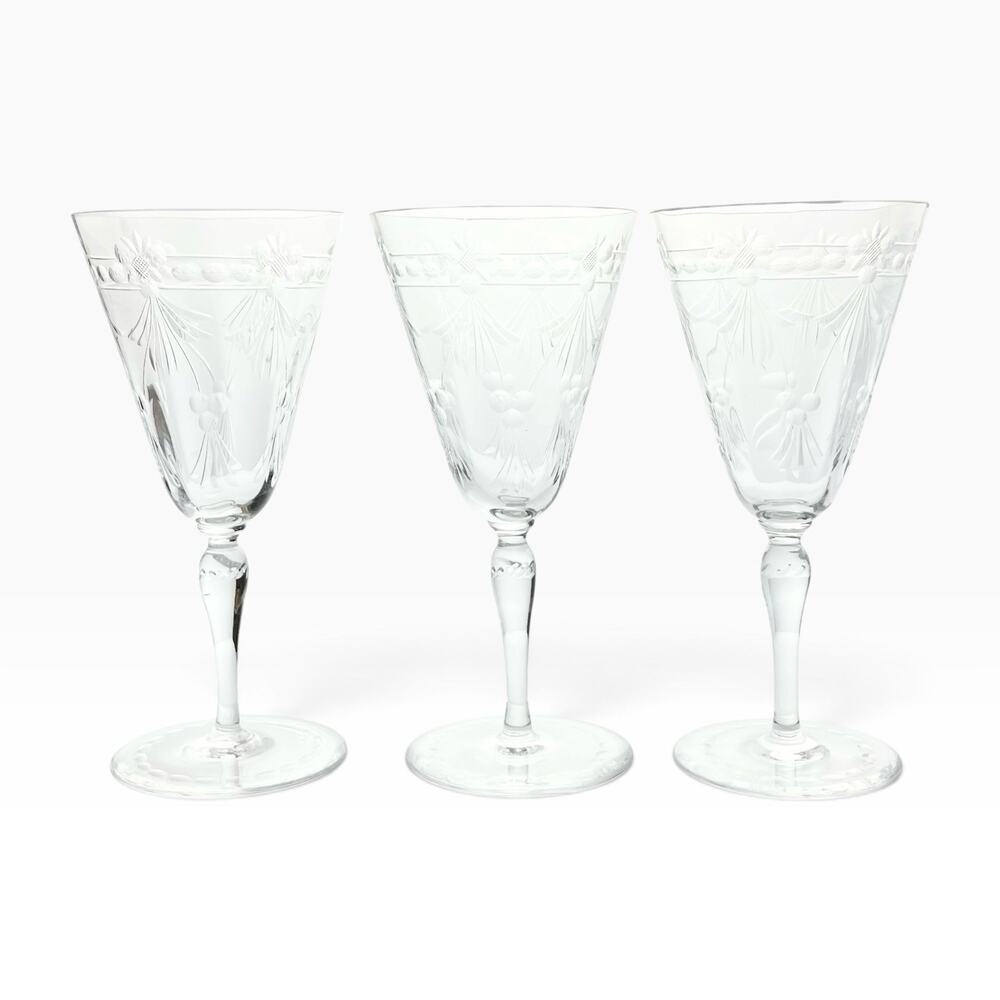 1940s Vintage Set of 3 Etched Flower & Garland Crystal Wine Glasses 7” 8oz